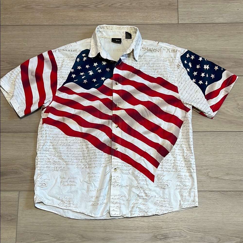 Vintage American flag Declaration of Independence Print Button Down Shirt Large